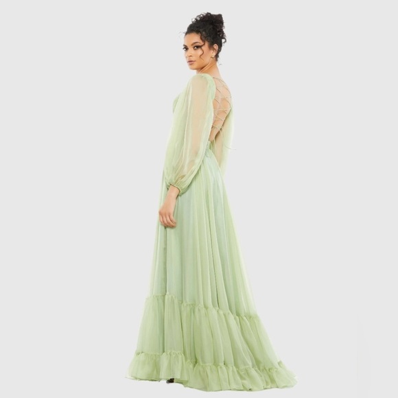 Mac Duggal 67948 NWT Green Pleated Cut Out Long Sleeve Lace Up Tiered Gown - Picture 3 of 11